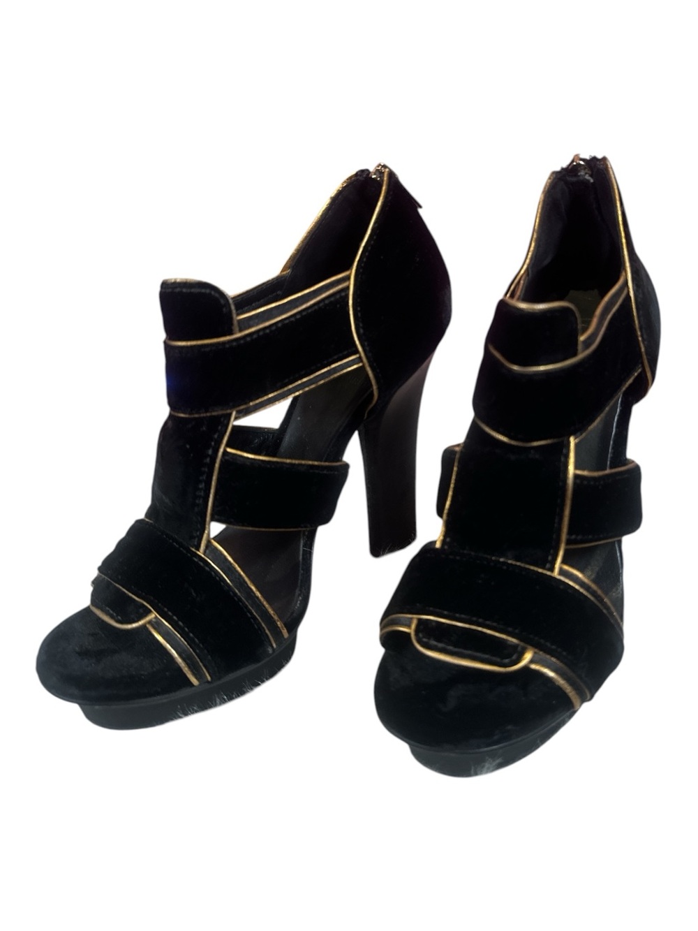 Tory Burch Carsonie Black Velvet Gold Piping Platform Heels Size 8 - Picture 13 of 13